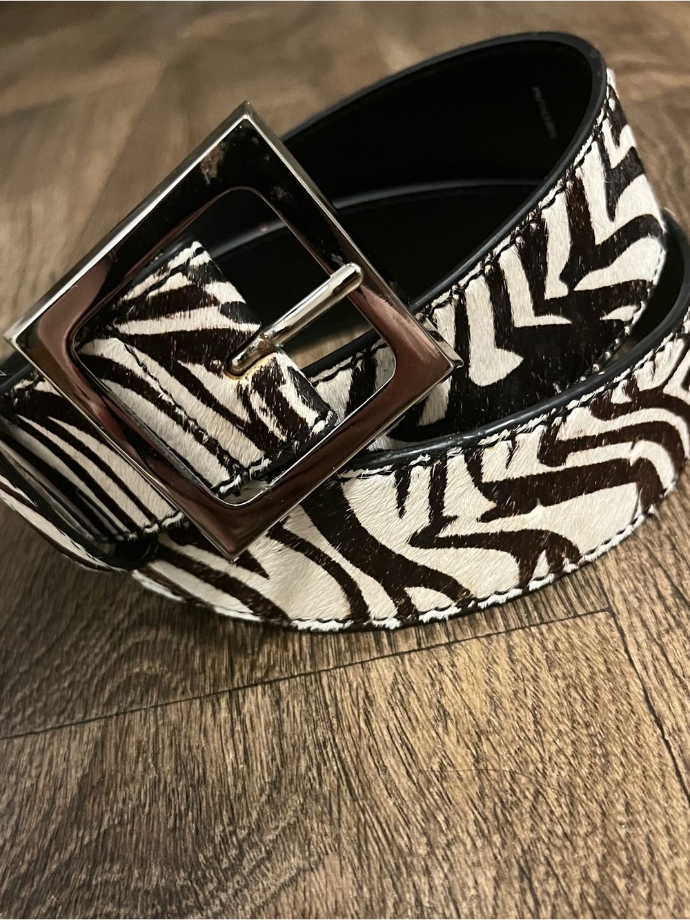 Zebra Print Hair Calf Leather Belt Silver Square Buckle Size Medium
